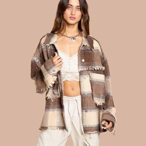 POL Oversized Flannel Jacket Shirt Plaid Fringe Brown Cotton Medium
